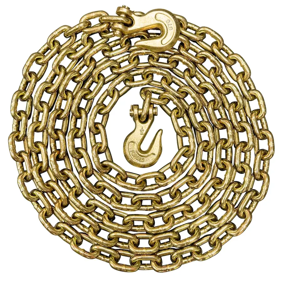 Coiled 3/8 inch Grade 70 transport chain with grab hooks arranged for product inspection
