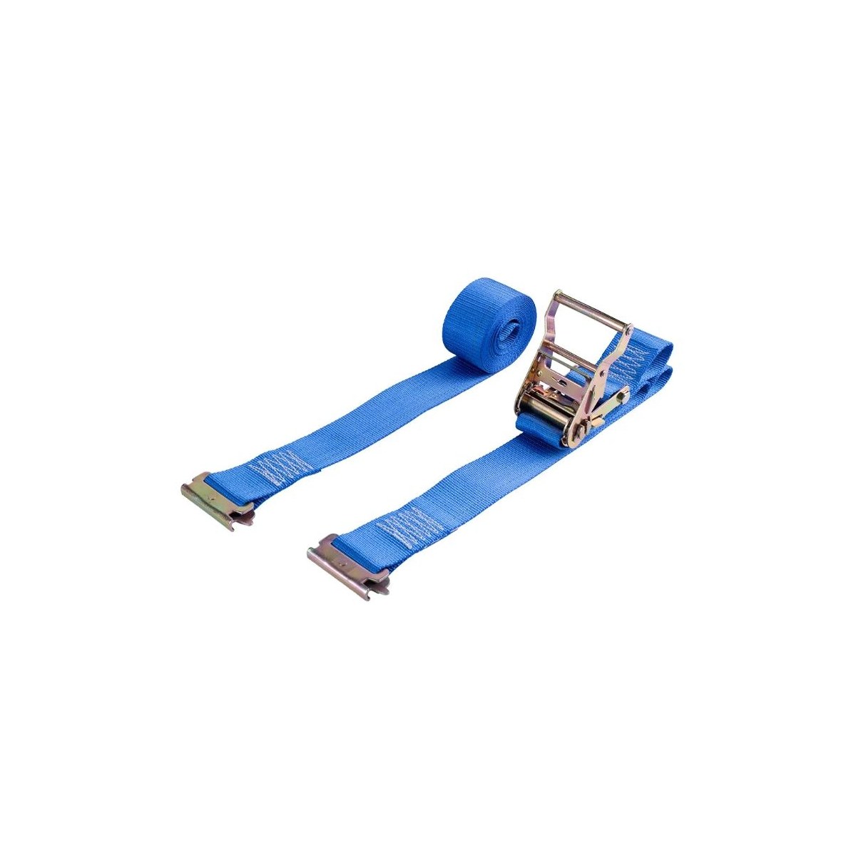 Blue 3 inch ratchet strap with flat hooks shown from an alternate product angle
