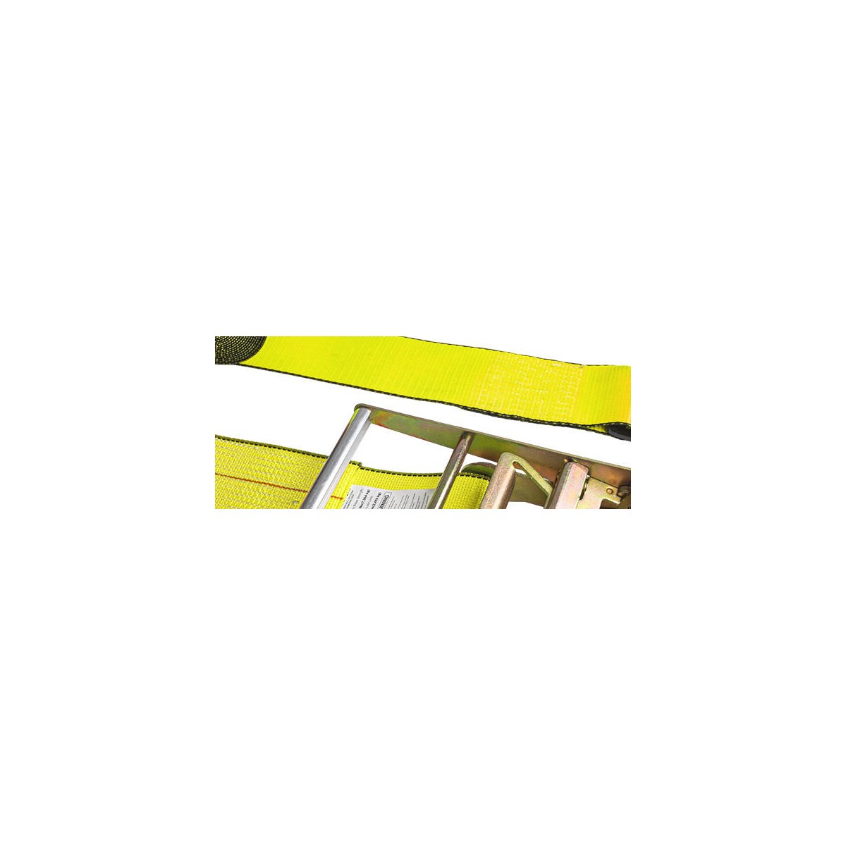 Close-up of 3 inch yellow ratchet strap webbing and edge stitching