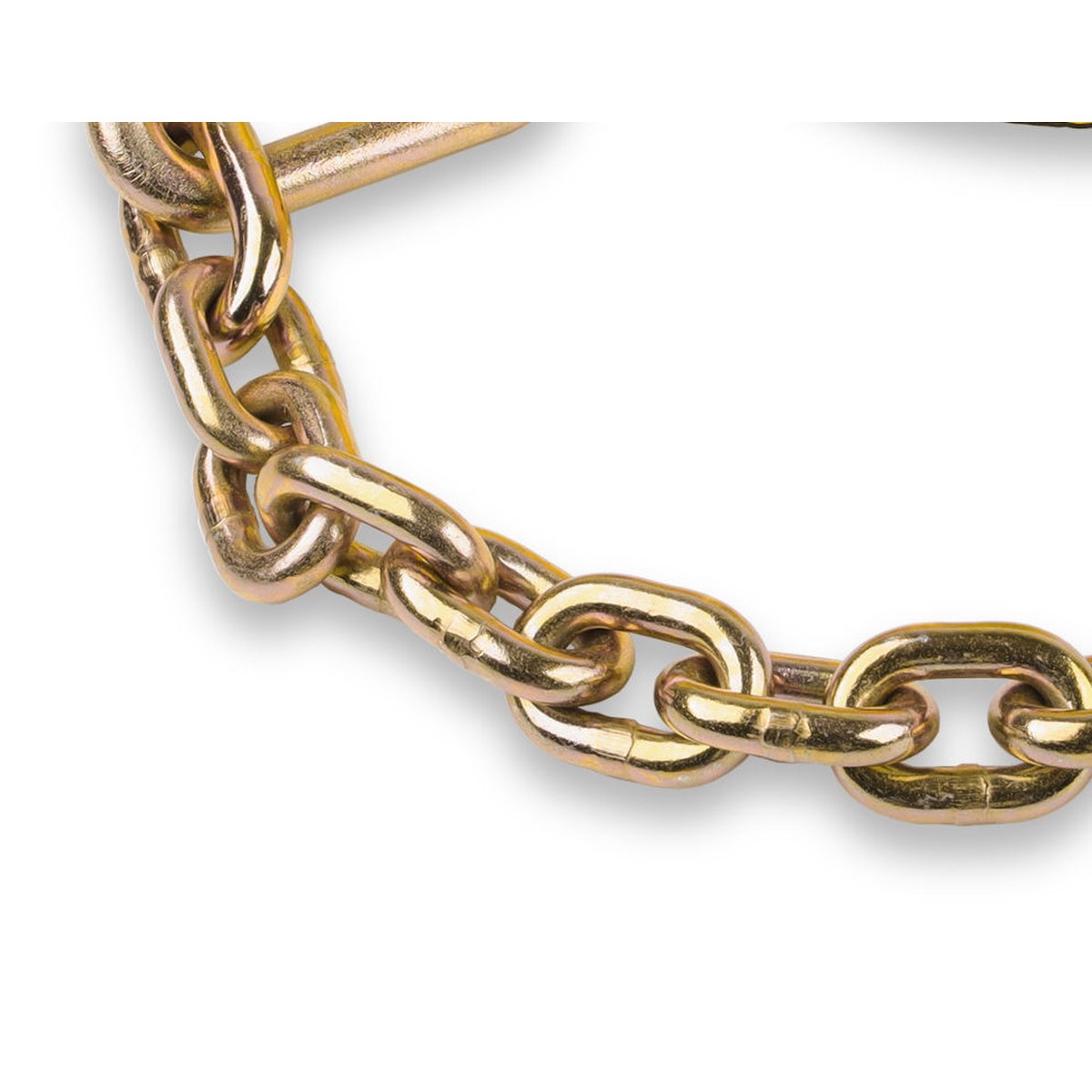 Close-up of gold chain extension links attached to the 3 inch winch strap anchor hardware