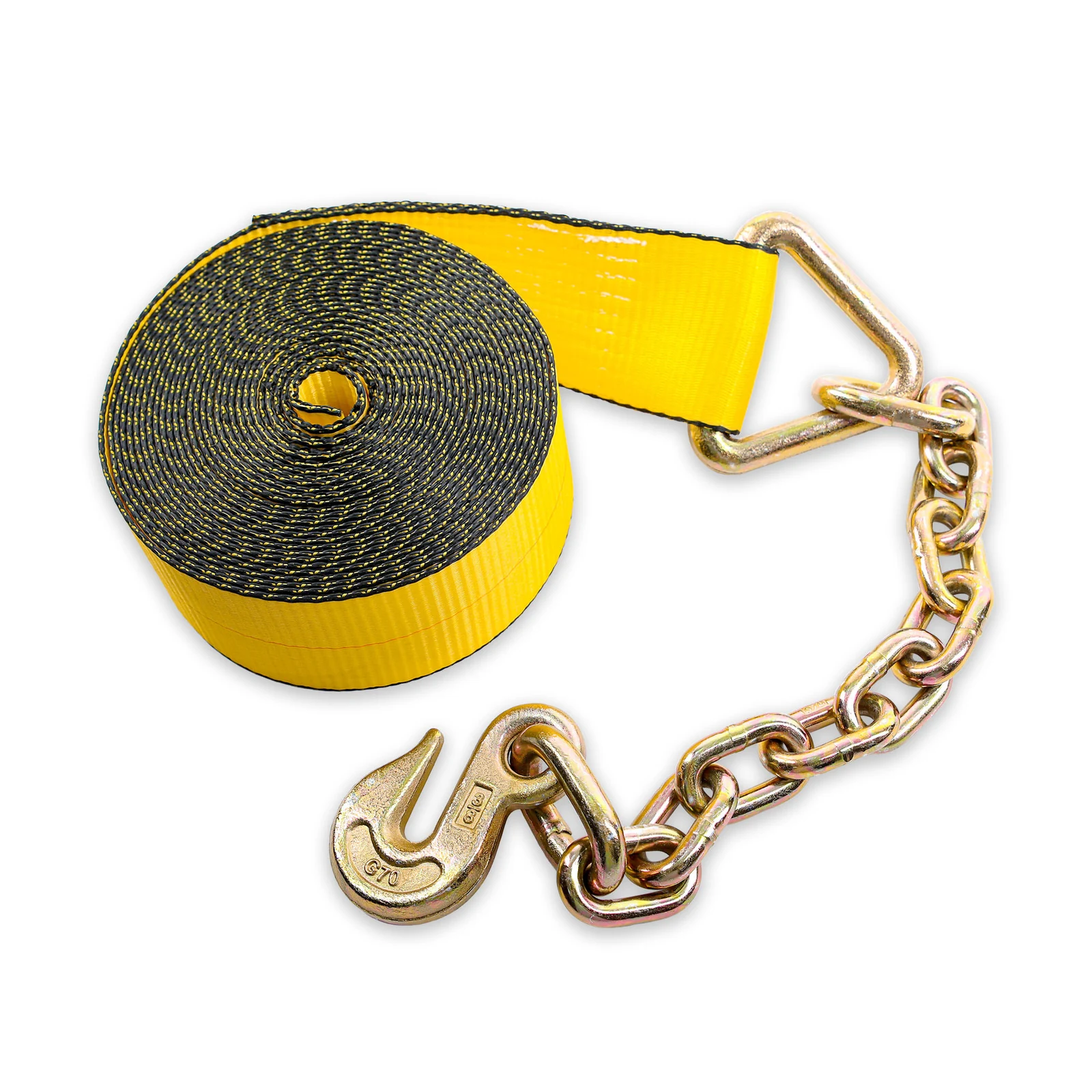 Coiled 3 inch winch strap with chain extension and grab hook hardware visible
