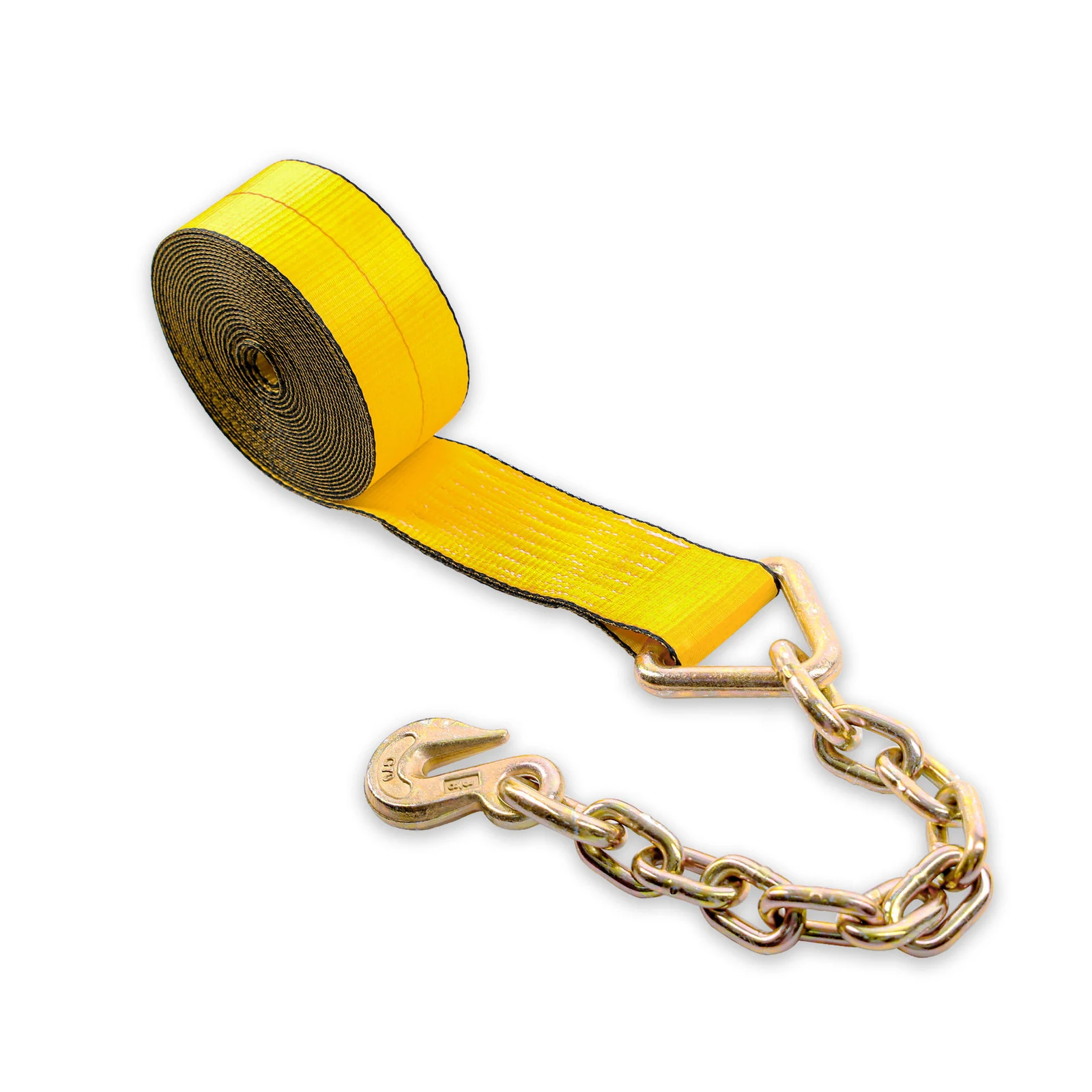 Full-length 3 inch winch strap with chain extension, webbing, chain, and grab hook shown for fit review
