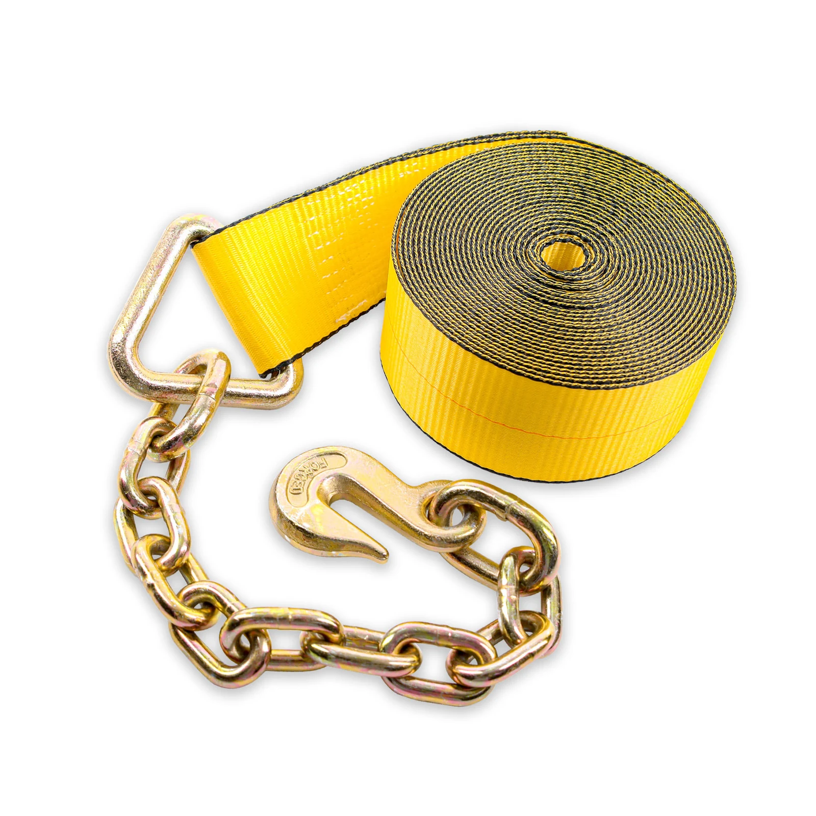3 inch winch strap with chain extension laid out with yellow webbing and gold chain anchor