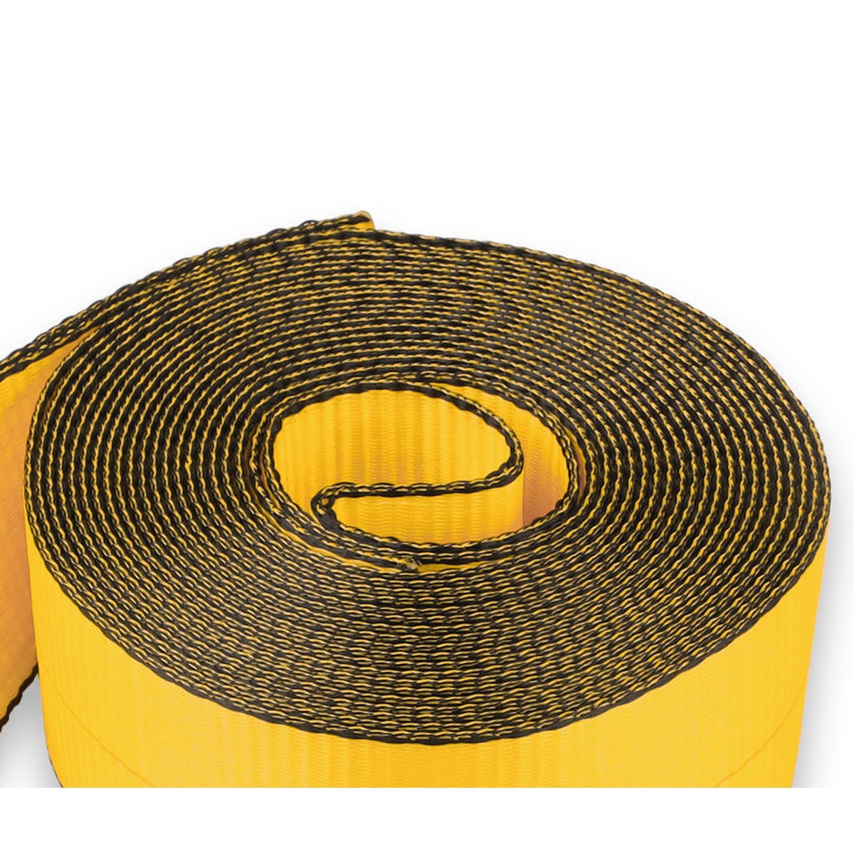 Close-up of 3 inch yellow winch strap roll showing webbing weave and edge stitching