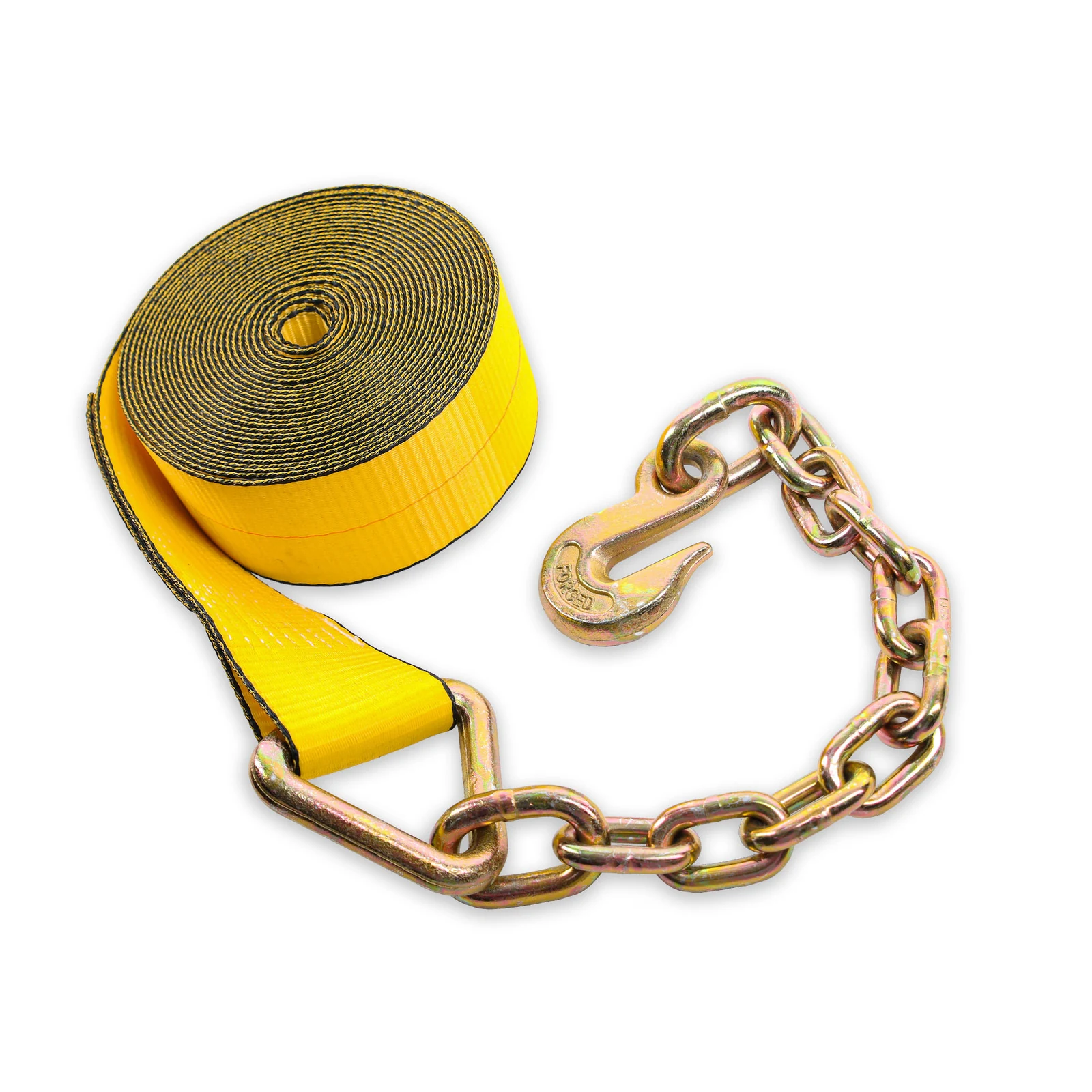 3 inch winch strap with chain extension shown coiled with grab hook and chain anchor