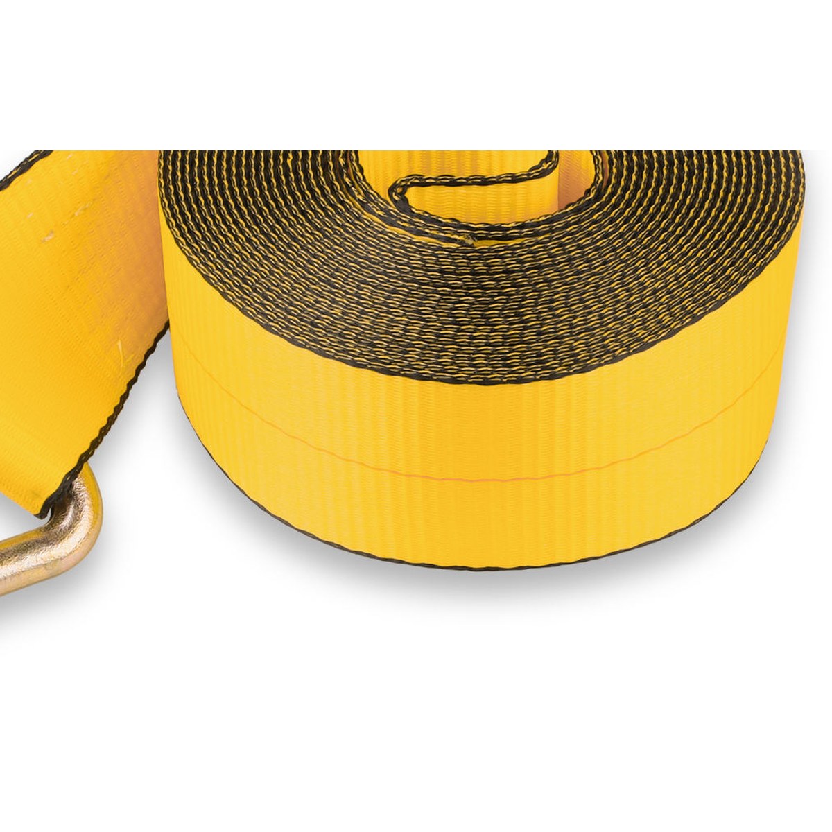 Close-up of 3 inch yellow winch strap webbing and stitched chain-extension anchor area