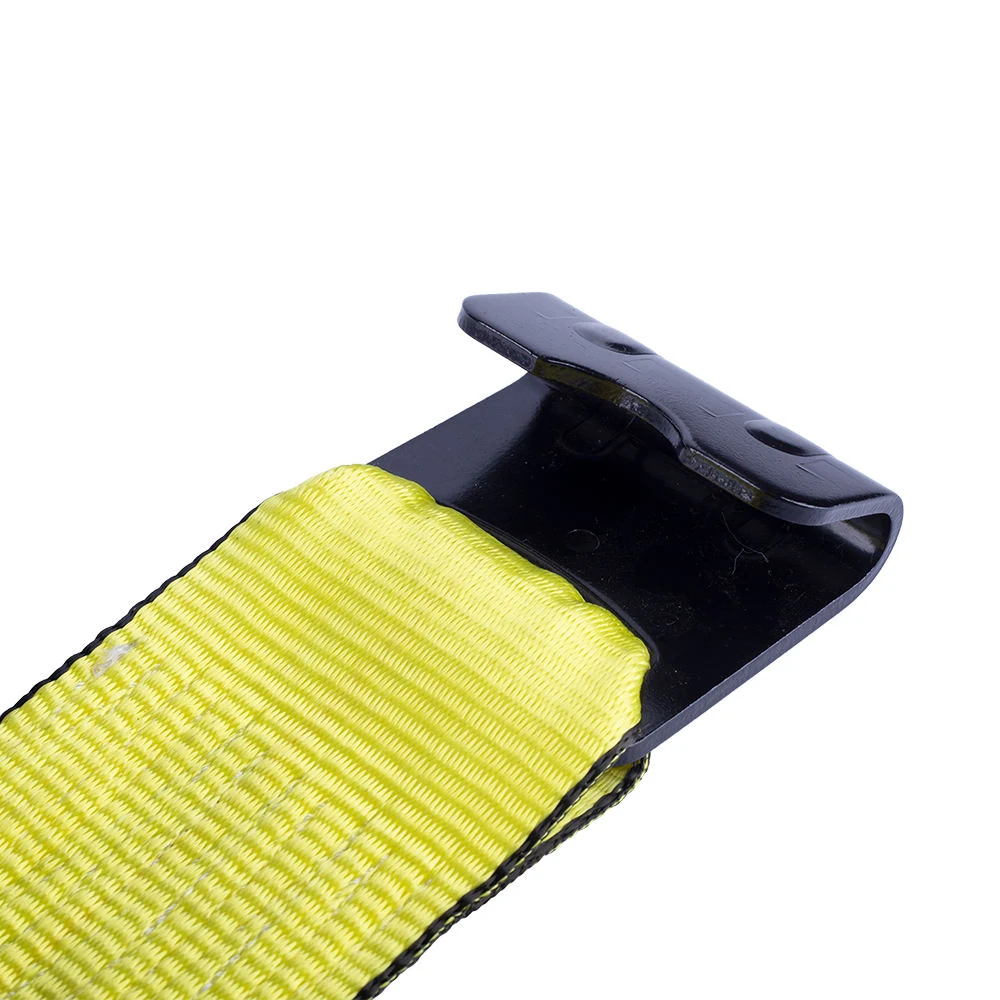 Close-up of black flat hook and stitched yellow webbing on a 4 inch winch strap