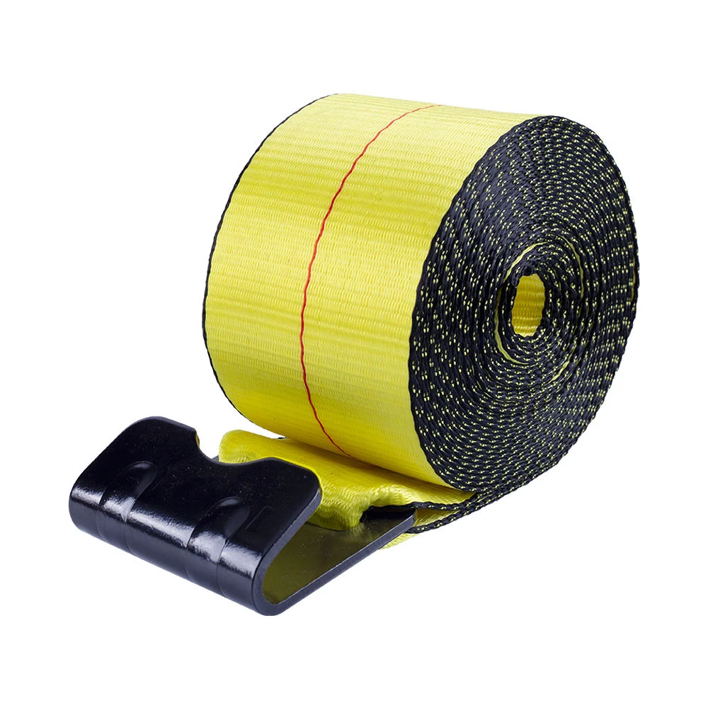 Close-up roll view of 4 inch yellow winch strap with black flat hook