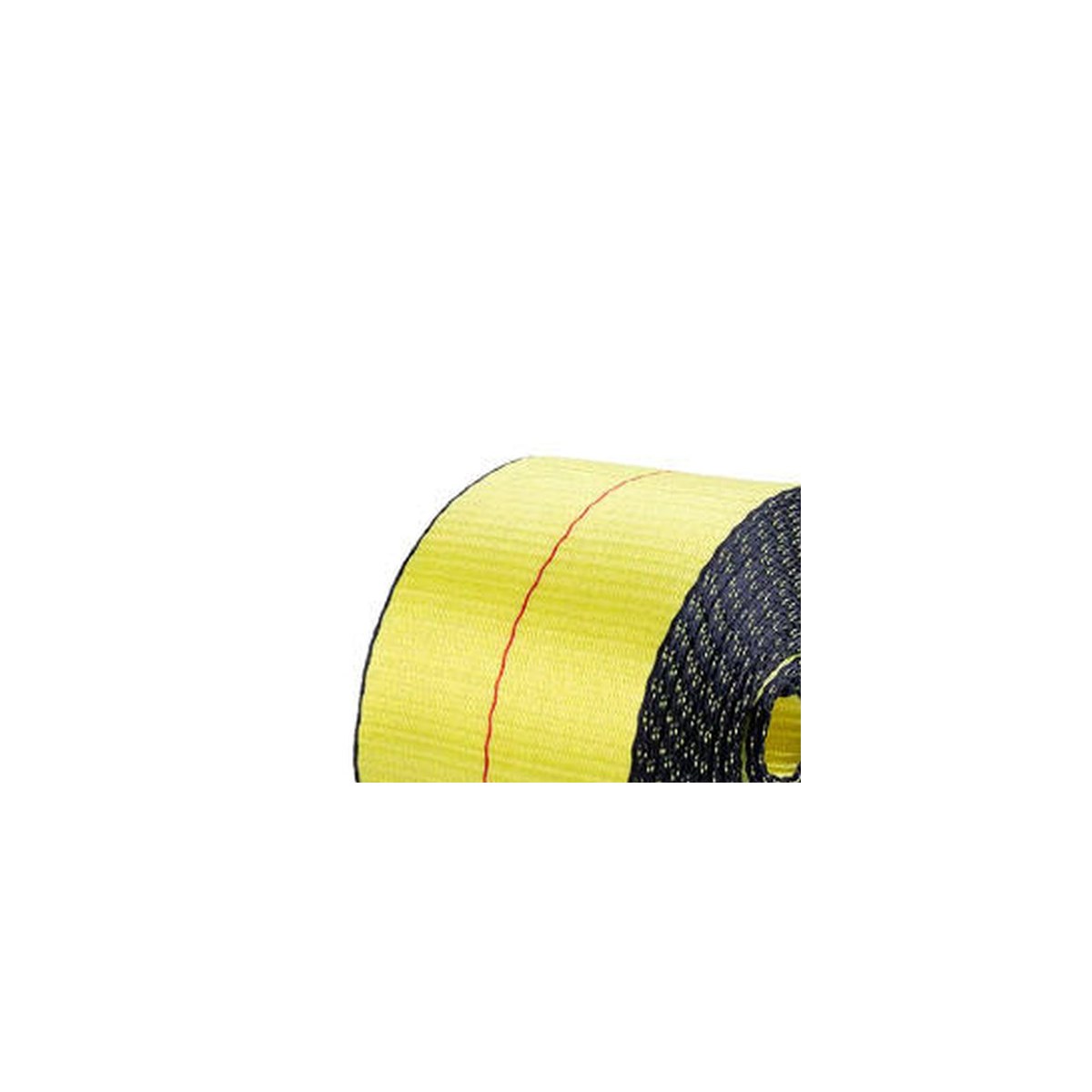 Close-up of 4 inch winch strap roll showing yellow webbing and black edge weave