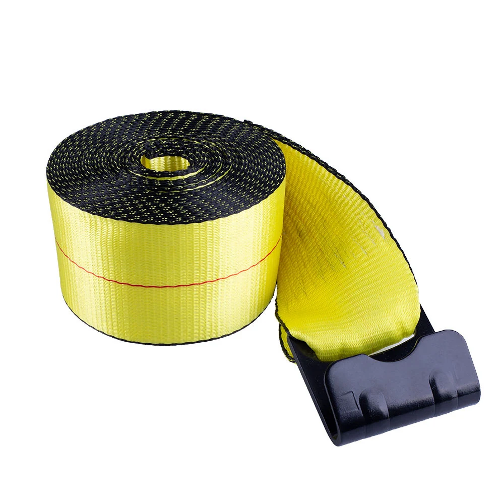 Front view of rolled 4 inch winch strap with black flat hook fitting
