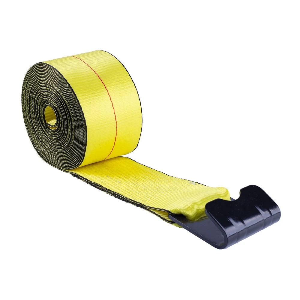 Rolled winch strap with flat hook for flatbed cargo securement