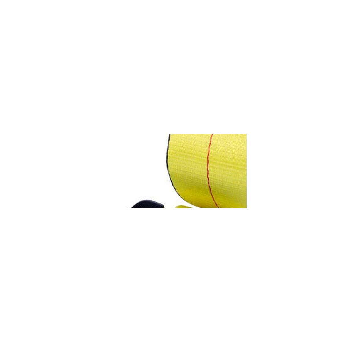 Close-up of 4 inch winch strap yellow webbing and stitched hook anchor area