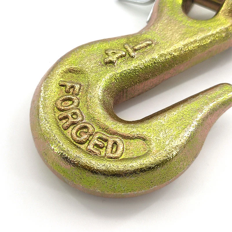 Close-up of forged Grade 70 grab hook profile and chain connection point
