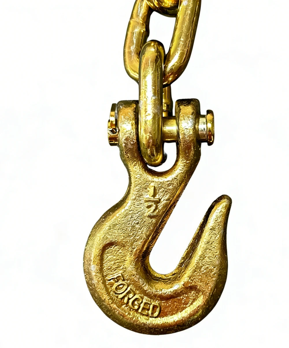 Close-up of 3/8 inch Grade 70 transport chain grab hook with forged marking detail visible