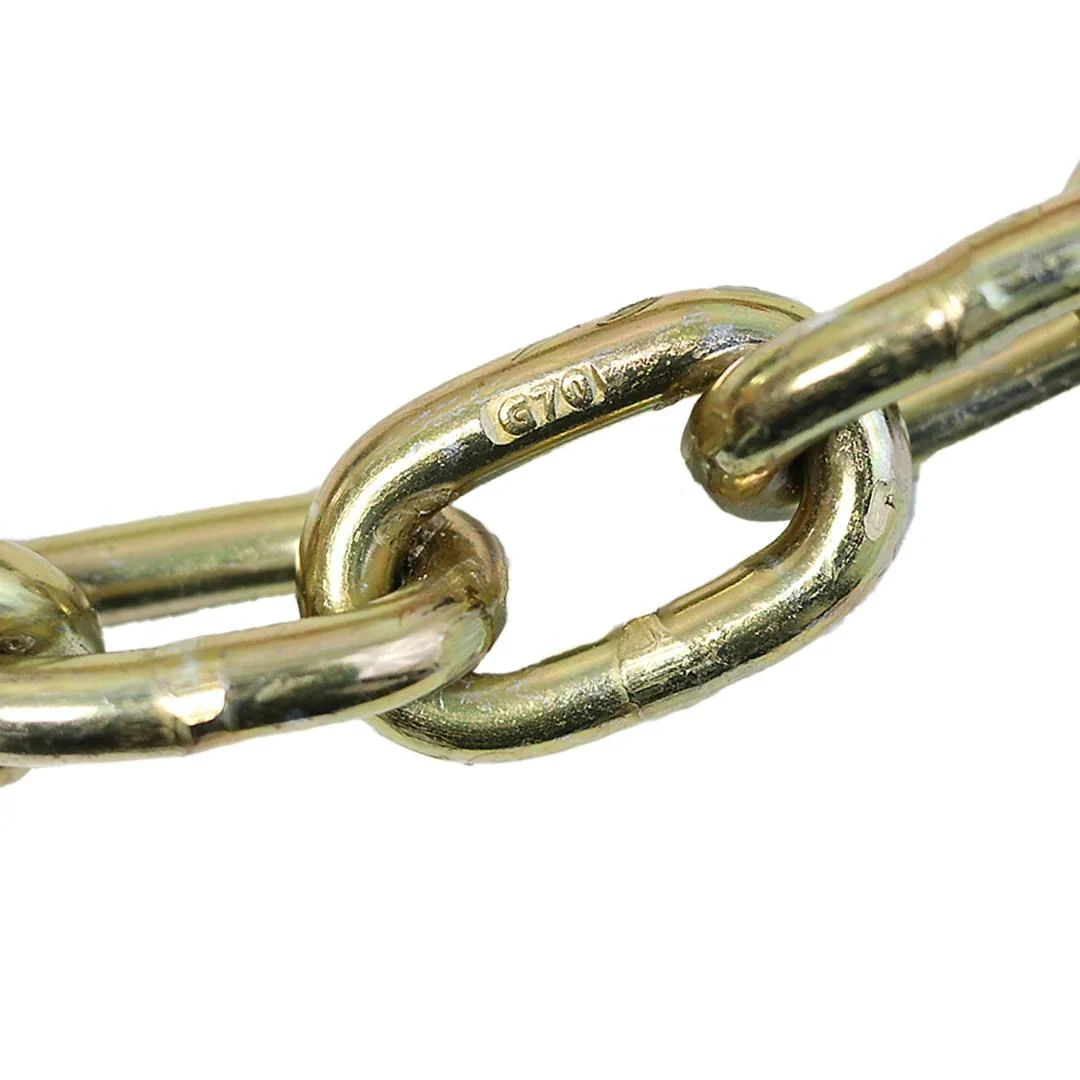 Close-up of 3/8 inch Grade 70 yellow zinc chain links for finish and wear inspection