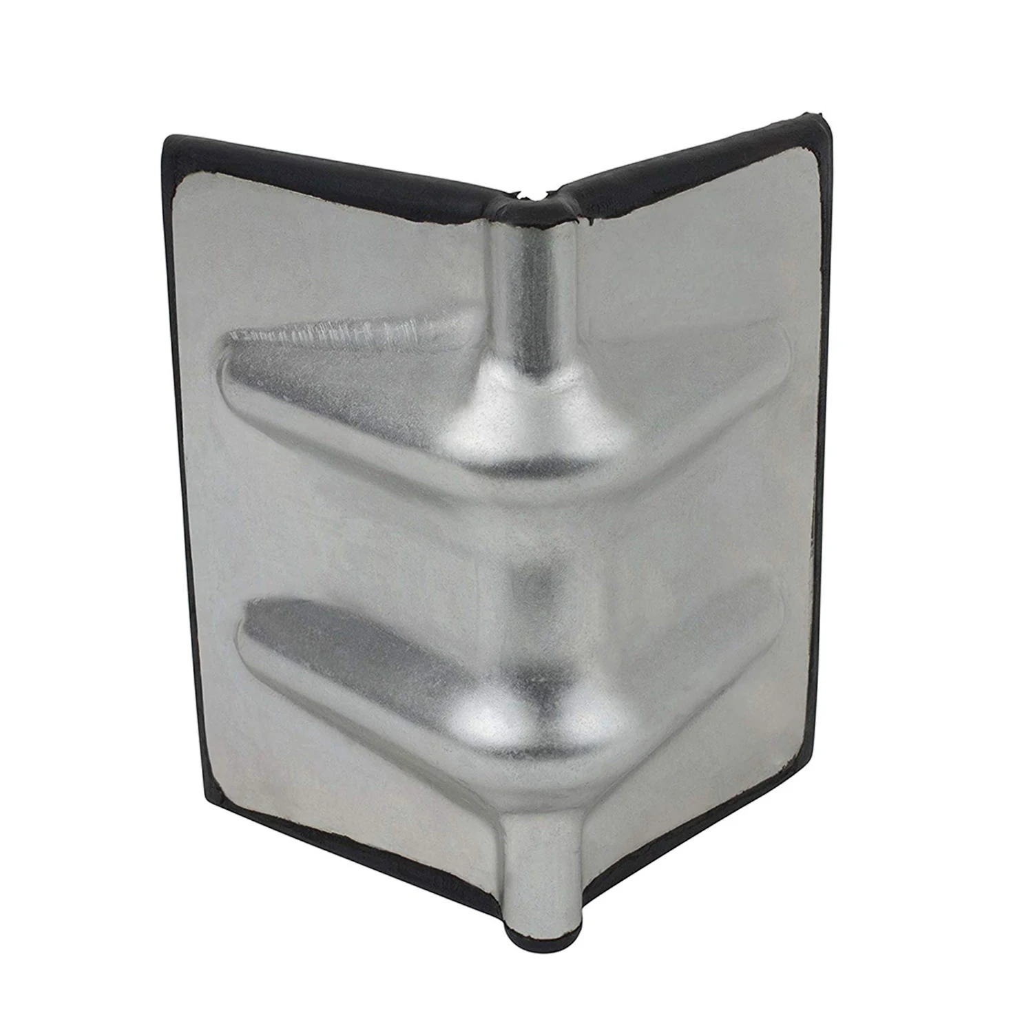 Galvanized metal corner protector upright view with formed ribs and edge guard contour
