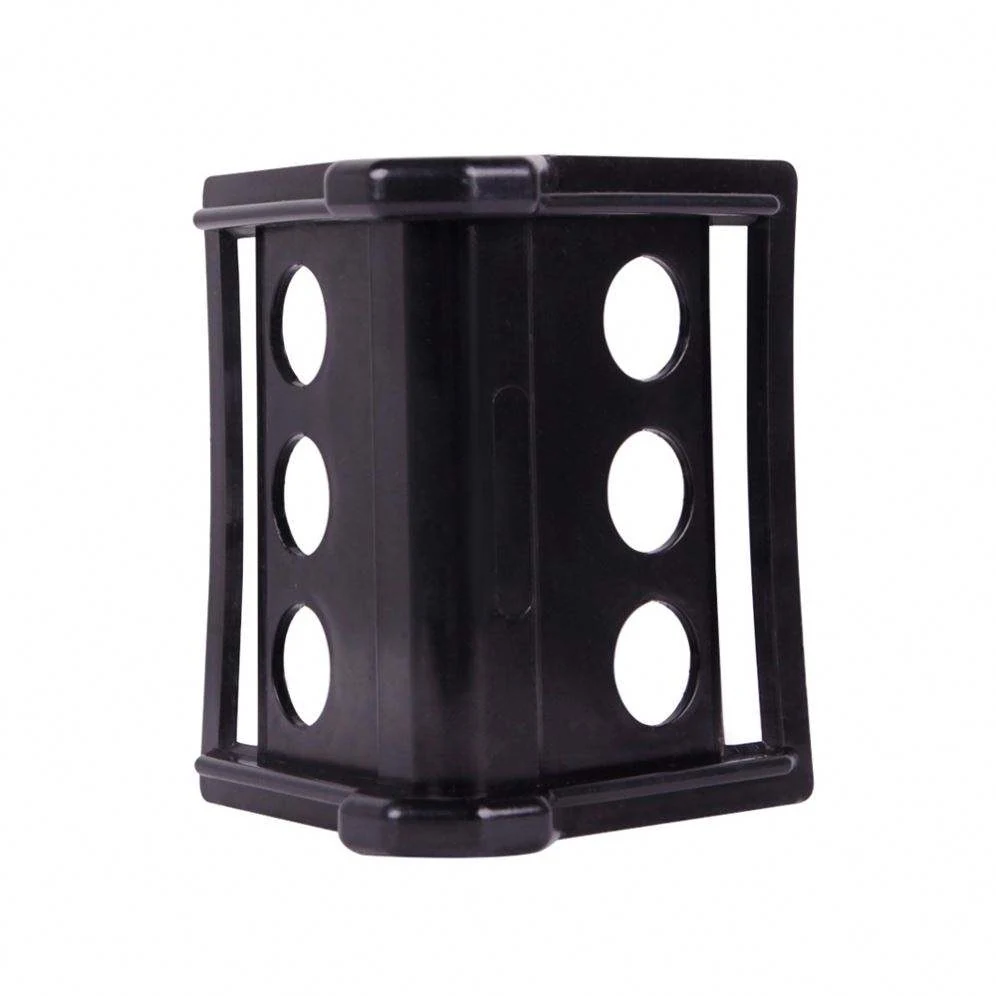 Black 4 inch slotted plastic corner protector front view showing strap openings and channel width