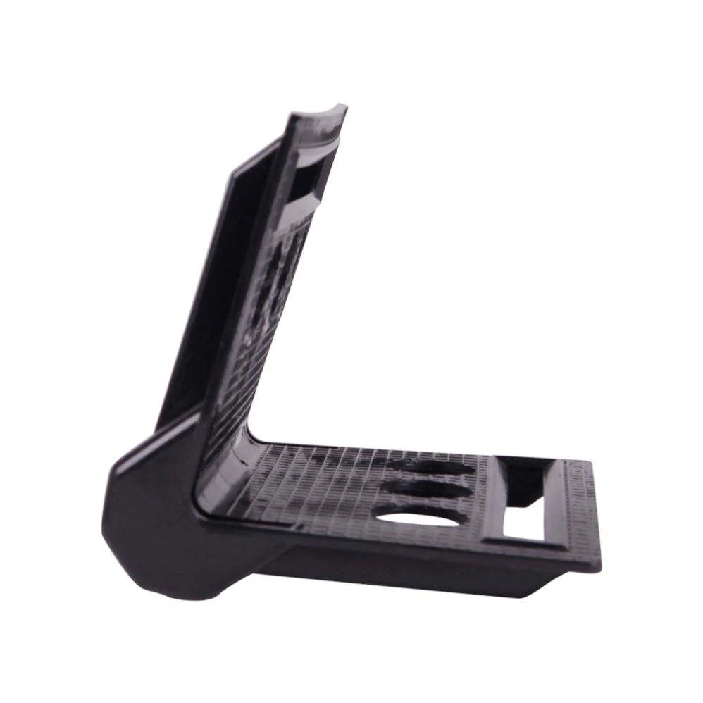 Black 4 inch slotted plastic corner protector side view showing hole pattern and rib depth