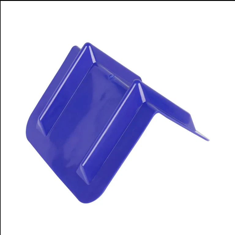 Blue 12 inch plastic corner protector angled view showing channel depth and side flare