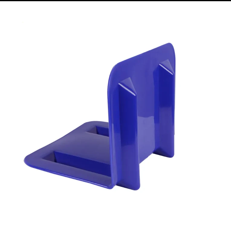 Blue 12 inch plastic corner protector side-upright view showing channel height and guard profile