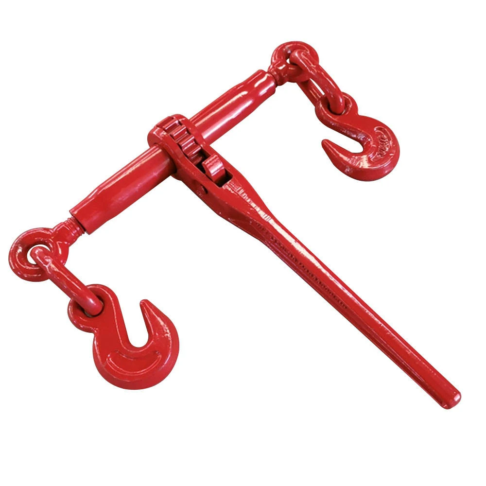 Red ratchet chain binder with grab hooks shown from an angled product view