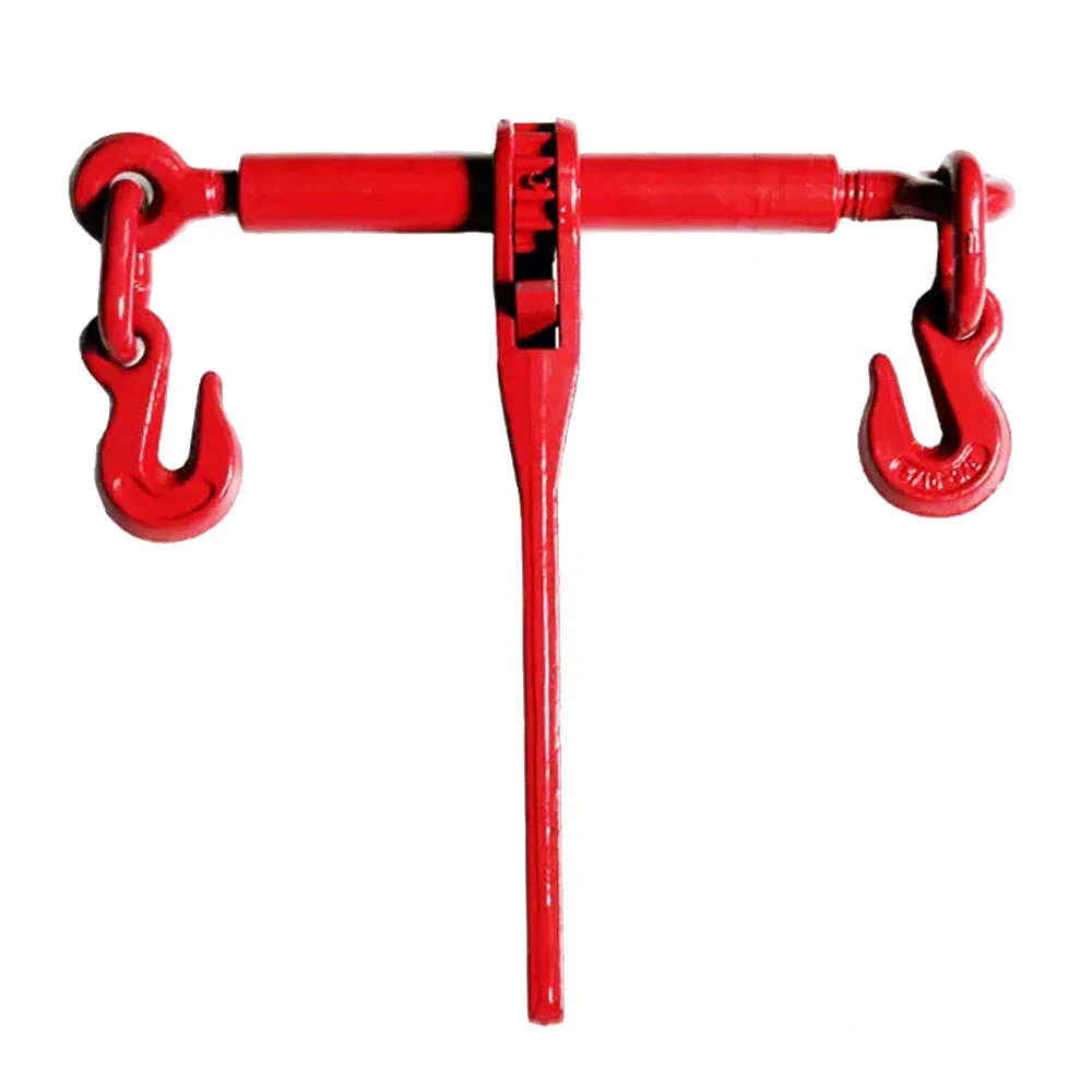 Red ratchet chain binder front view with handle, ratchet body, and grab hooks visible
