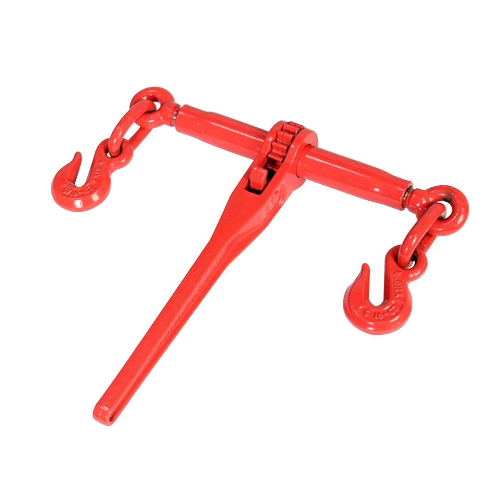 Side-angle view of red ratchet chain binder with forged grab hooks