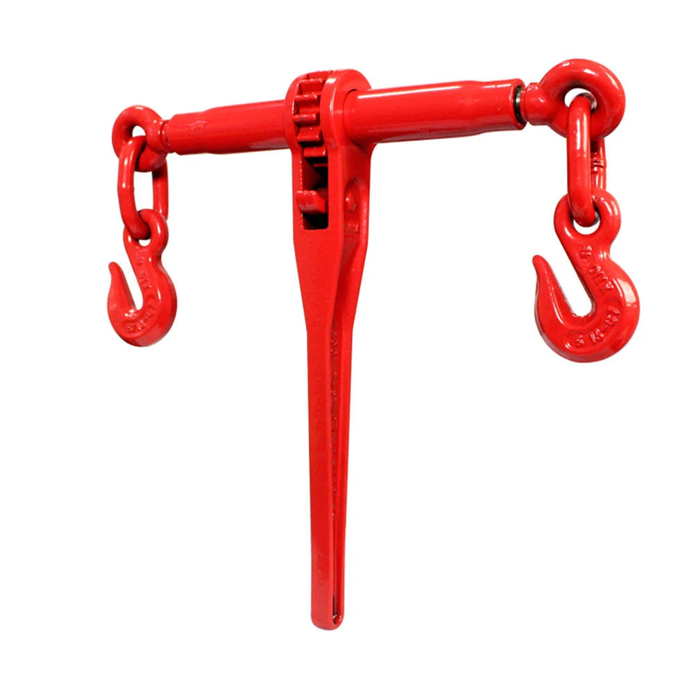 Red ratchet chain binder upright view for hook and handle inspection