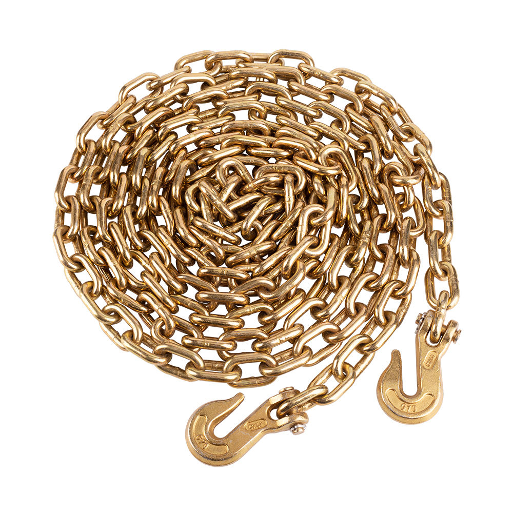 3/8 inch Grade 70 transport chain with grab hooks arranged on a clean white product background